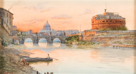 Pittore del XIX secolo (1:Principale) ( - ) 
Veduta del Tevere e Castel Sant'Angelo al tramonto 
acquerelli su carta cm 16,5x29 - con la cornice: cm 45x57,5