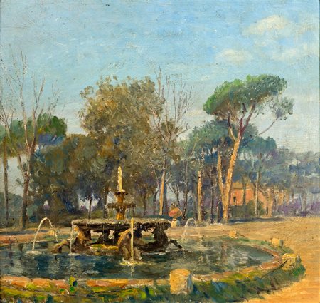 Ferretti, Paolo (Roma, 1864 - Anzio, 1937) 
La fontana dei cavalli marini a Villa Borghese 
olio su tavola cm 30x32 - con la cornice: cm 48x50