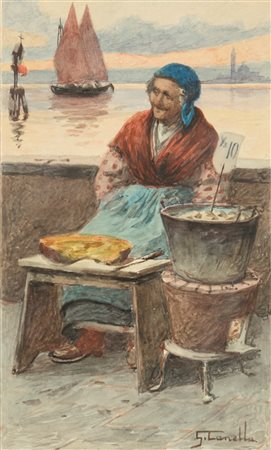 Canella, Giuseppe II (Venezia, 1837 - Padova, 1913) 
Venditrice di moeche 
pastelli su carta cm 24,5x15 - con la cornice: cm 35x25,5