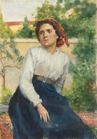 Vinzio, Giulio Cesare (Livorno, 1881 - Milano, 1940) 
Ritratto di donna con fazzoletto rosso in testa 
olio su tavola cm 33,5x23,5 - con la cornice cm 50x40
