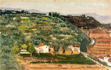 Vinzio, Giulio Cesare (Livorno, 1881 - Milano, 1940) 
Paesaggio agreste con case e covoni 
olio su cartoncino cm 15x24 - con la cornice: cm 34x43