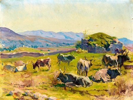 Carlo Montani (1:Principale) (Saluzzo, 1868 - Roma, 1936) 
Paesaggio con buoi 
olio su cartone cm 32x31 - con la cornice: cm 35x43 