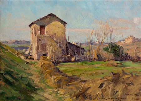 Rossi, Alberto (Torino, 1858 - Torino, 1936) 
Casale 
olio su tavola cm 24x33,5 - con la cornice: cm 49x57,5
