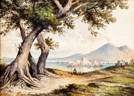 Carelli, Gonsalvo (Napoli, 1818 - Napoli, 1900) 
Veduta del Vesuvio da Castellammare di Stabia con lo scoglio di Rovigliano 
acquerelli su carta cm 12,5x18 (in cornice: 36x40)