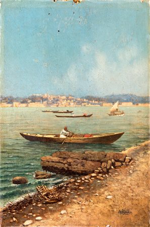 Attilio Pratella (1:Principale) (Lugo, 1856 - Napoli, 1949) 
Barca a Mergellina 
olio su tavola cm 30x20 - con la cornice: cm 44x36