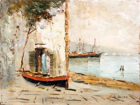 Sergio Nicolò De Bellis (1:Principale) (Castellana Grotte, 1898 - Milano, 1946) 
Scorcio marino con barca in secca e velieri 
olio su tavola cm 29x39 - con la cornice: 43x53