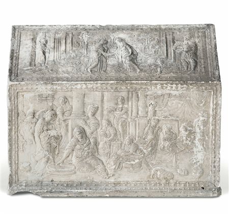 Modello di urna in gesso con raffigurazioni della vita della Vergine Maria di gusto rinascimentale. XIX secolo