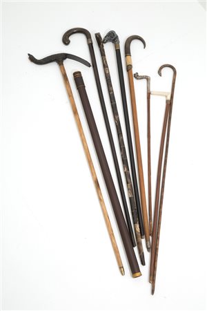 Nine walking sticks in various materials. 19th c