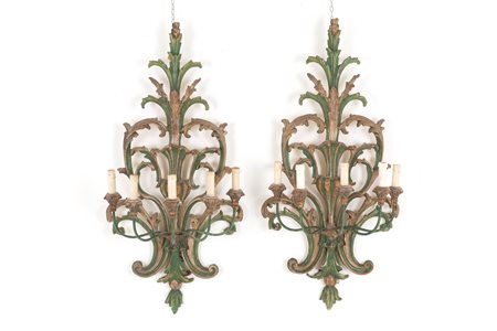 Pair of wooden and iron sconces. Early 20th c