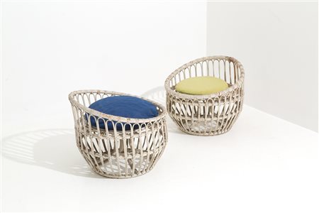 FRANCO ALBINI for BONACINA. Pair of poufs for Margherita armchairs in rattan cane. '60s