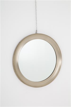 Round mirror in nickel-plated metal. '60s-'70s