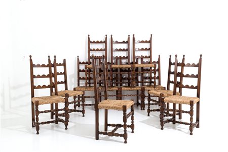 GIO PONTI (Attr.) Twelve wooden chairs. '40s