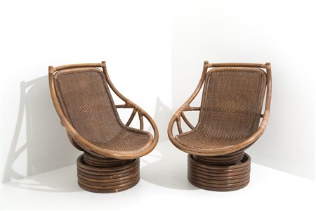 Two swivel and rocking armchairs in bamboo. '70s