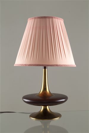 Brass table lamp with pink silk shade. '50s