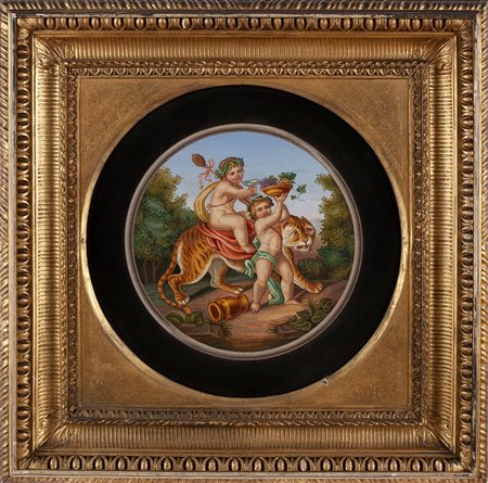 Placca in micromosaico con cornice dorata e scena bacchica, 1820 ca.