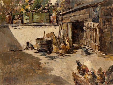 Vincenzo Irolli "Il cortile" 
olio su tela (cm 61x80)
Reca firma non coeva in ba