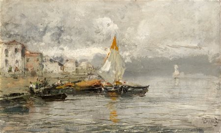 Mosè Bianchi "Marina a Chioggia" olio su compensato (cm 29,5x48,5)Firmato in basso