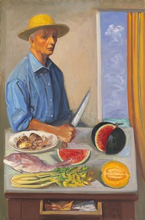 Achille Funi "Autoritratto con tavola, cocomero e pesce" 1964
olio su tela (cm 1