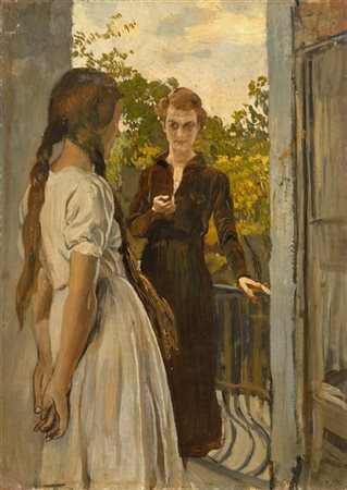 Ettore Tito "Conversazione" 
olio su cartone (cm 46,5x34)
Firmato in basso a des