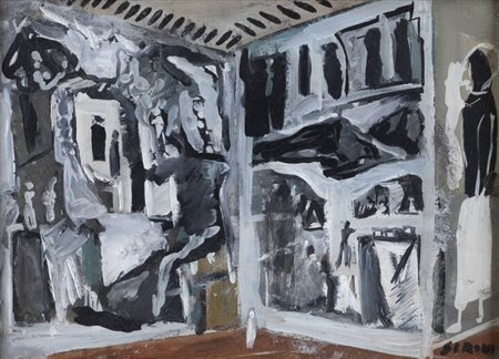 MARIO SIRONI<BR>Sassari (SS) 1885 - 1961 Milano<BR>"Studio d'interno con pitture murali" 1940 circa