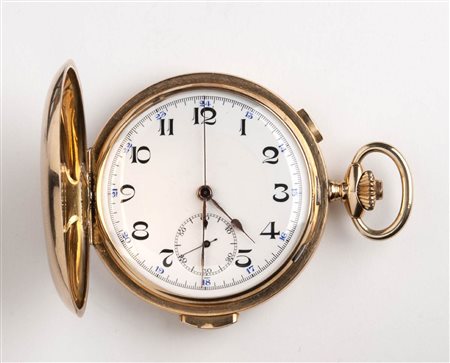 Orologio da tasca Svizzero, cronografo in oro con ripetizione ore quarti al passaggio e richiesta, 1910 circa