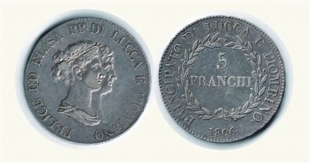 Monete di Città Italiane - LUCCA e PIOMBINO - Felice ed Elisa - 5 Franchi 1806