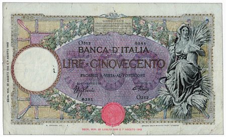 Cartamoneta - REGNO D’ITALIA - 500 Lire Mietitrice - Decr. 23/08/1943 Banca d’Italia.