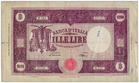 Cartamoneta - REPUBBLICA ITALIANA - 1000 Lire M grande - Decr. 22/11/1947.