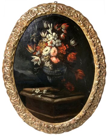 Mario de' Fiori Mario Nuzzi (attribuito a) (Roma 1603-Roma 1673)  - Trionfo di fiori in vaso di bronzo su piano di pietra