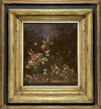 Vincenzino dei fiori Vincenzo Volò (bottega di) (Rémondans 1620-Milano 1671)  - Natura morta di fiori in vaso rotondo e frutta su un piano orizzontale, 17° secolo.