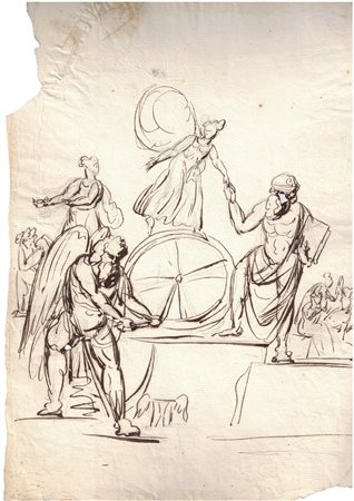 Scena mitologica raffigurante Tanato che fa girare la ruota della vita, 17° secolo