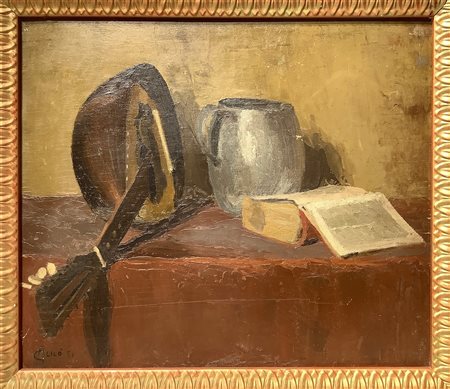 Alicò, Giovanni (Catania 1906-Milano 1971)  - Doppio dipinto: natura morta con mandolino, libro e brocca + composizione astratta, 1931