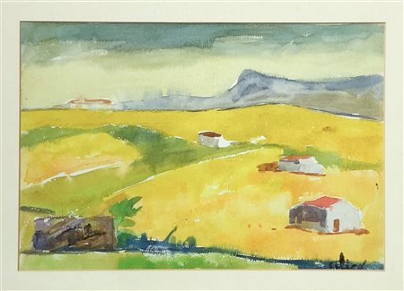 Alicò, Giovanni (Catania 1906-Milano 1971)  - Paesaggio di pianura con case