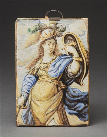  CASTELLI D'ABRUZZO (XVIII SECOLO) - Placca in maiolica dipinta a policromia raffigurante l'Allegoria della Fortezza.