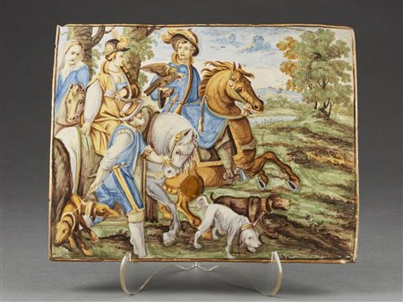 GENTILI IL GIOVANE GIACOMO (1717 - 1765) - Attribuito a. Grande placca in maiolica dipinta a policromia raffigurante una scena di caccia.