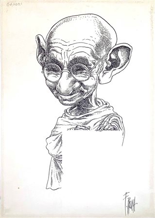 Franco Bruna Gandhi Matita e china su cartoncino cm 24x34,5 Ritratto...