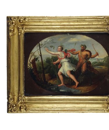 Pittore degli inizi del XIX secolo Diana e un satiro olio su zinco, cm. 26x34