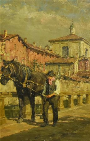 Alfredo Scocchera NAVIGLIO OSPEDALE olio su tavola, cm 49x31 firma sul retro:...