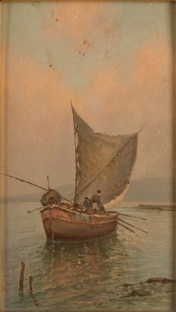 Scoppa, Radames (Napoli, 1877 - Napoli, 1957) 
Barca con pescatore 
Olio su tavola cm 27x17