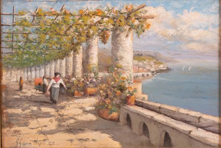 Capone, Gaetano (Maiori, 1845 - Maiori, 1924) 
Veduta di Amalfi dalla pergola 
Olio su tavola cm 24x35