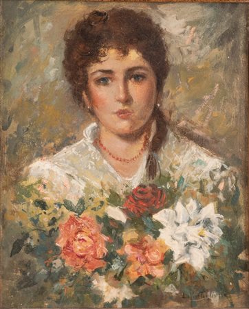 Postiglione, Luca (Napoli, 1876 - Napoli, 1936) 
Ritratto di ragazza con fiori 
Olio su cartone cm 19x23