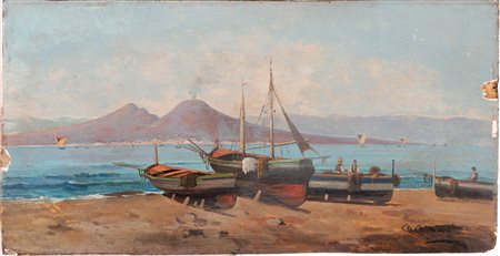 Pittore italiano del XX secolo ( - ) 
Veduta di costa con Vesuvio sullo sfondo 
Olio su tavola cm 24x48