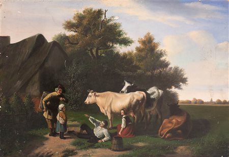 Scuola olandese del XIX secolo ( - ) 
Paesaggio con pastori e armenti 
olio su tavola cm 35x52