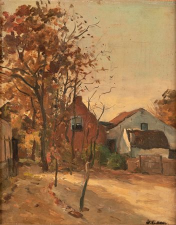 Koot, Pieter Cornelis (Gouda, 1861 - Voorburg, 1921) 
Scorcio di villaggio 
Olio su tela applicata su cartone cm 30x25