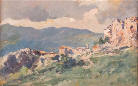 Joris, Pio (Roma, 1843 - Roma, 1921) 
Veduta di paesaggio montano 
Olio su cartone cm 26x38