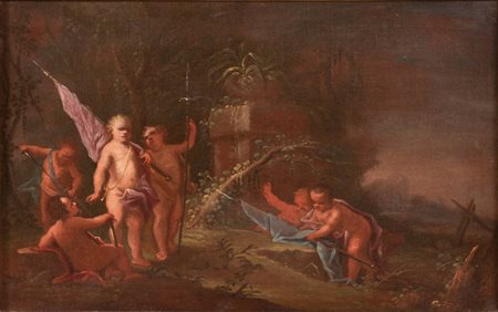 Scuola veneta XVIII secolo ( - ) 
Allegoria di putti 
Olio su tela cm 41x63