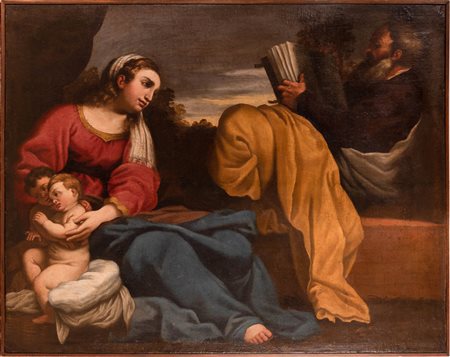 Pittore emiliano XVII secolo ( - ) 
Sacra famiglia con S. Giovannino 
Olio su tela cm 100x126