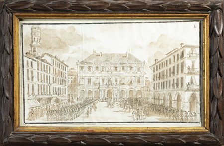 PITTORE ANONIMO DEL XVII SECOLO<BR>"Drappello di truppe napoleoniche davanti al Palazzo Civico di Torino"