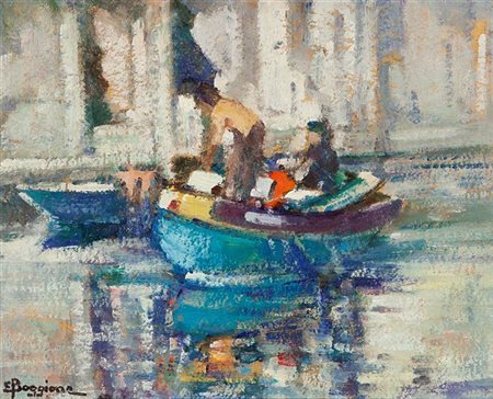 BOGGIONE ENRICO Torino 1889 - 1985 "Barche nel canale" 1970 24x30 olio su...