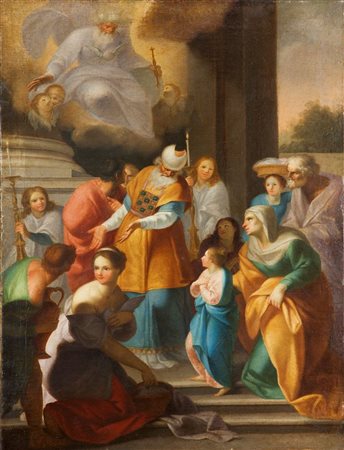 PITTORE DEL XVII SECOLO "Presentazione di Maria al Tempio" 63x48 olio su tela